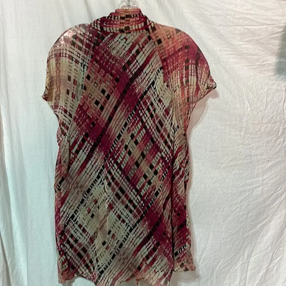 Nine West 22w 💯silk cap sleeve lined blouse bias cut plaid neckline bow euc